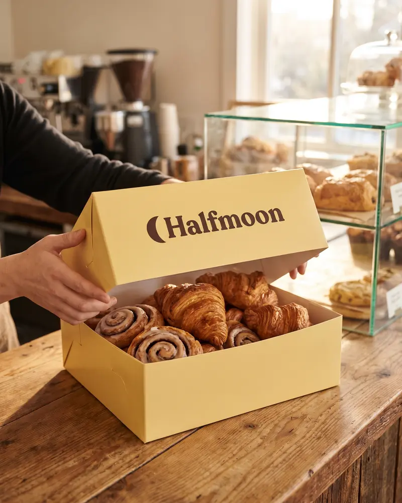 Halfmoon pastry box full of croissants