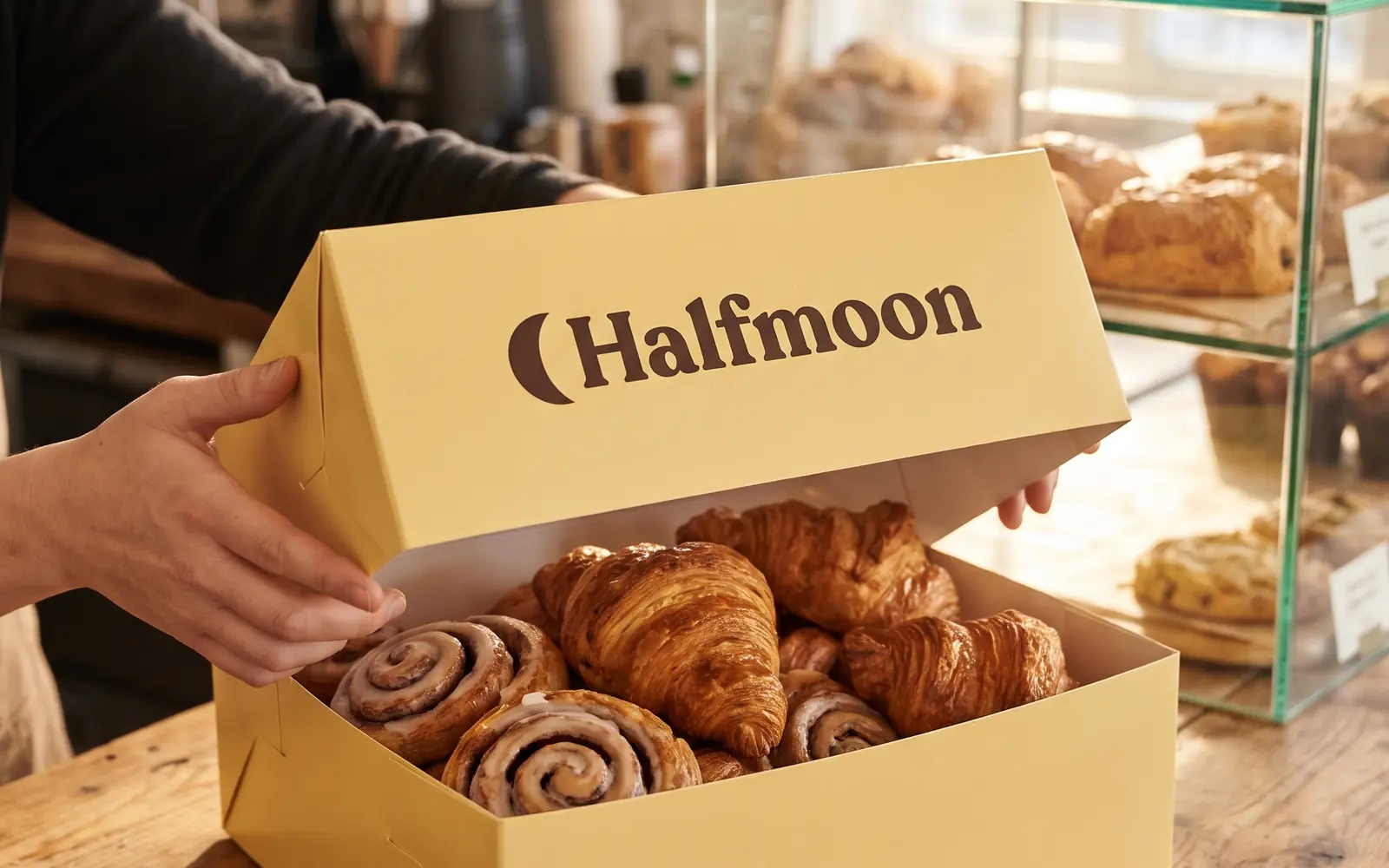 Halfmoon pastry box full of croissants