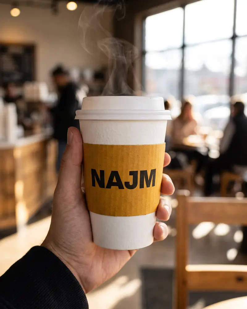 NAJM takeaway cup with an ochre sleeve