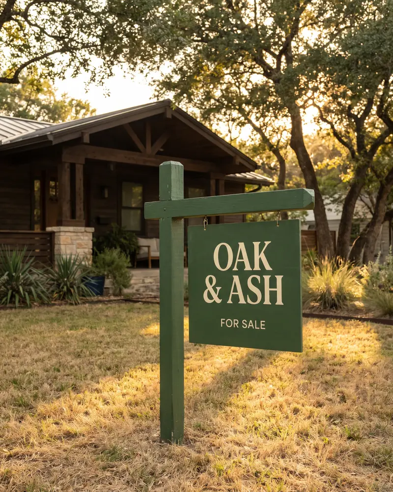 OAK & ASH for-sale sign in front of a craftsman home