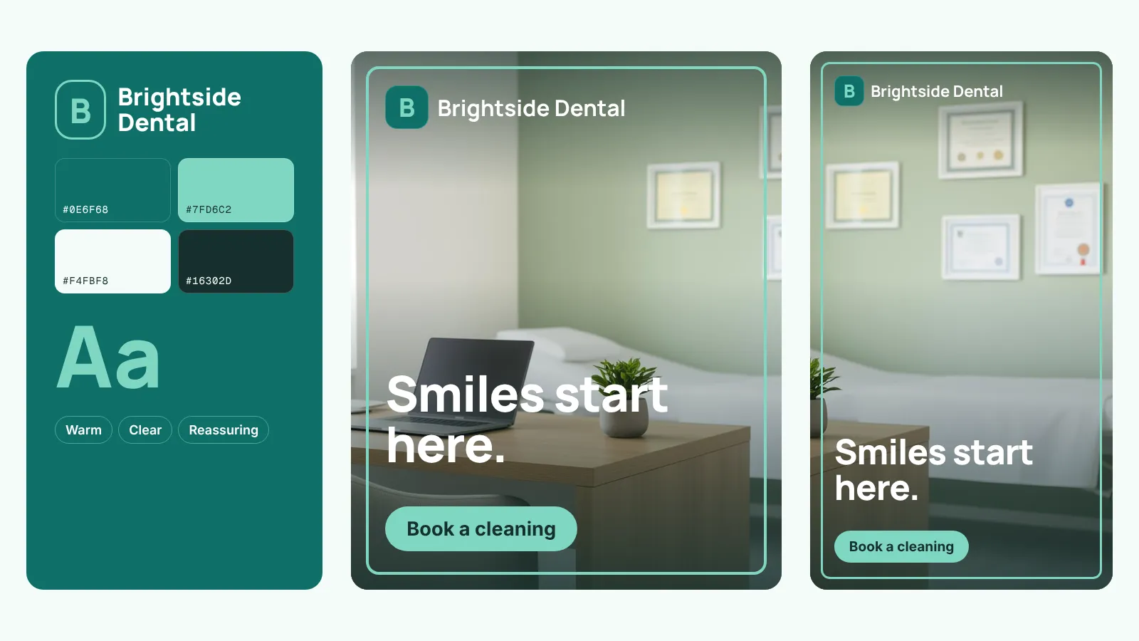 Brand kit for Brightside Dental, a sample Denver dentist, next to a feed post and a story made from it