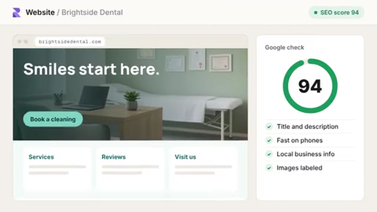 Brightside Dental website with the headline Smiles start here and an SEO score of 94