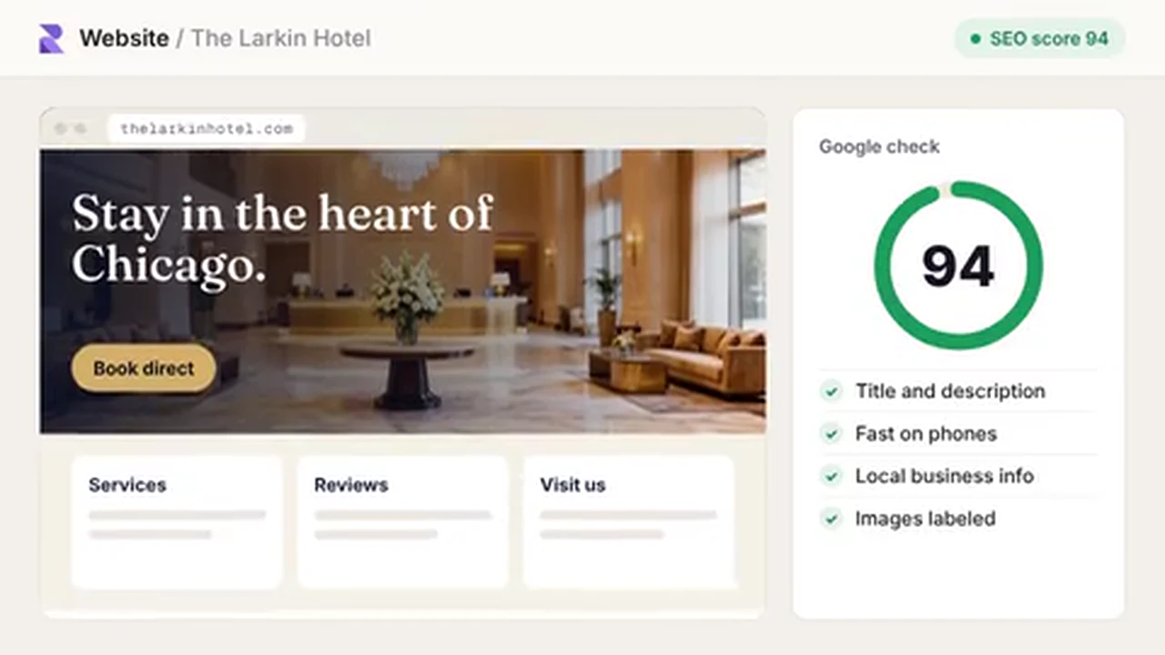 The Larkin Hotel website with the headline Stay in the heart of Chicago and an SEO score of 94