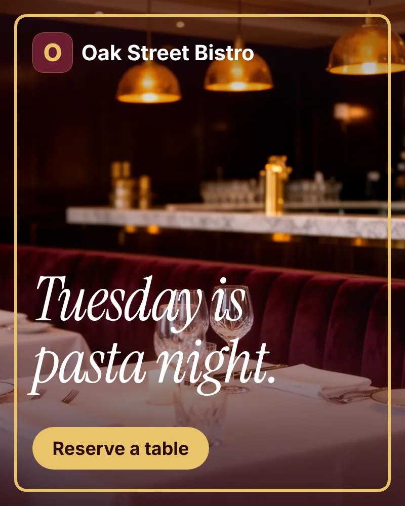 Oak Street Bistro post over the dining room with the headline Tuesday is pasta night