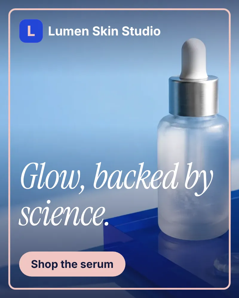 Lumen Skin Studio ad: a serum bottle with the headline Glow, backed by science