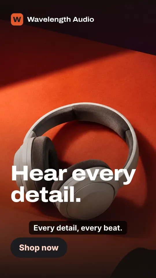 Wavelength Audio reel frame with headphones on an orange backdrop